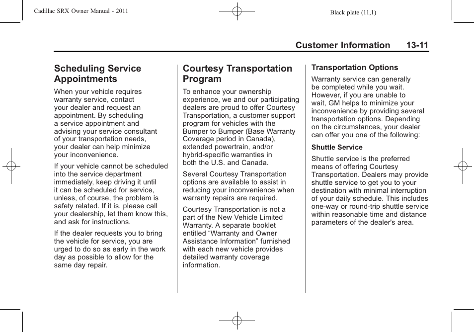 Scheduling service appointments, Courtesy transportation program, Scheduling service | Appointments -11, Courtesy transportation, Program -11 | Cadillac 2011 SRX User Manual | Page 475 / 498