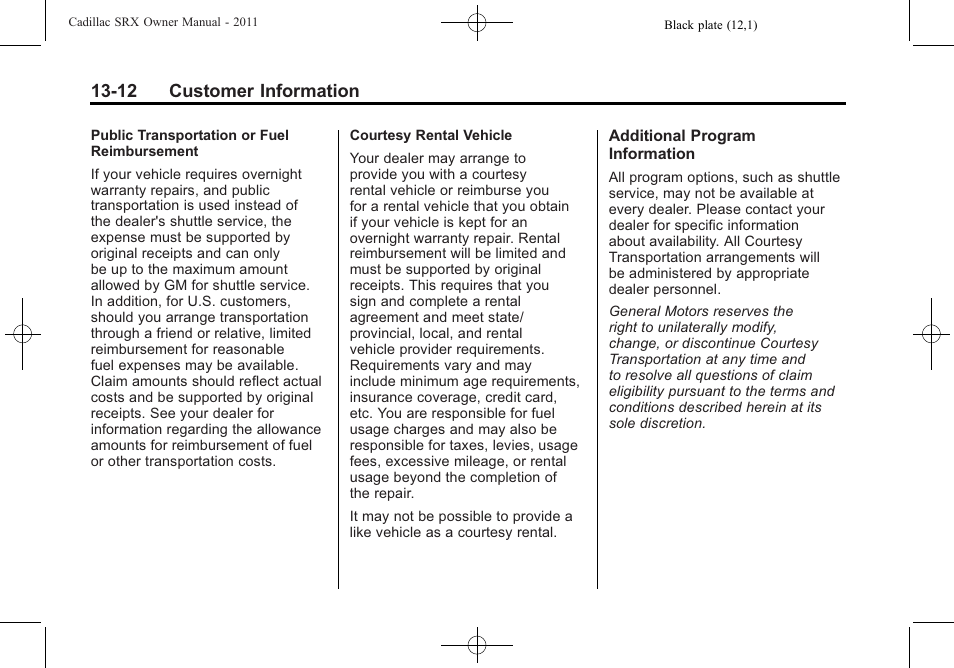 12 customer information | Cadillac 2011 SRX User Manual | Page 476 / 498