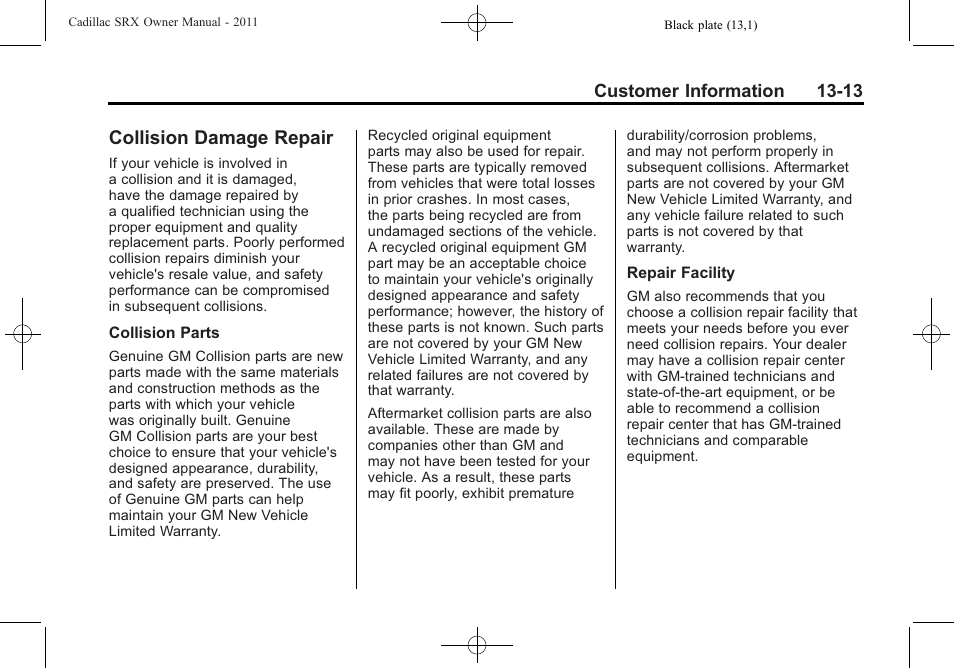 Collision damage repair, Collision damage repair -13 | Cadillac 2011 SRX User Manual | Page 477 / 498