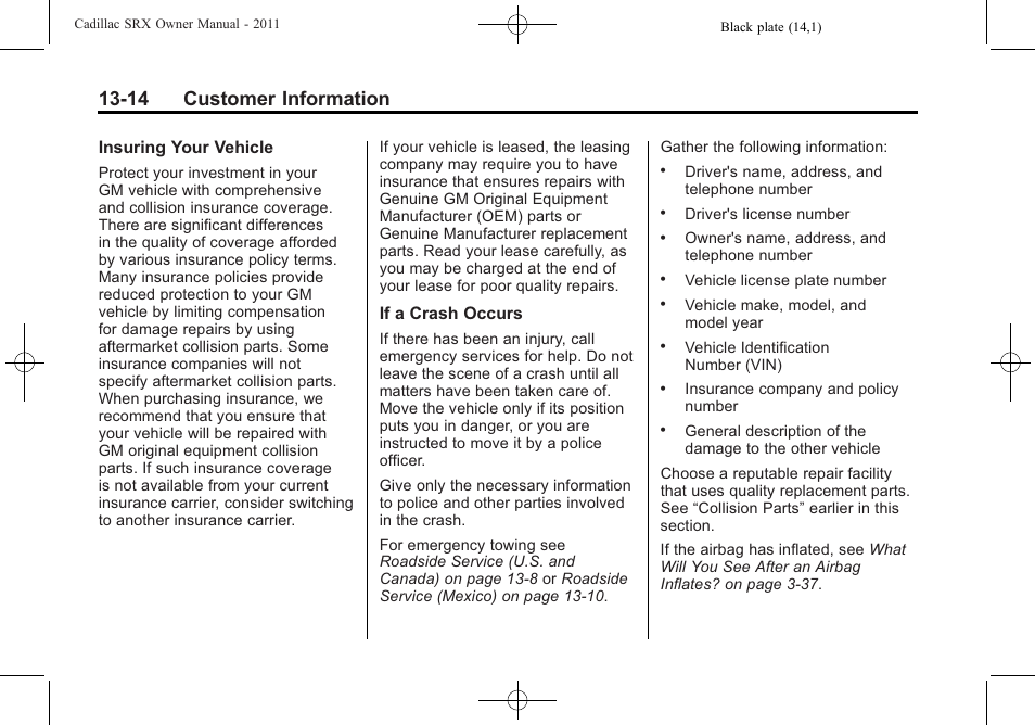 14 customer information | Cadillac 2011 SRX User Manual | Page 478 / 498