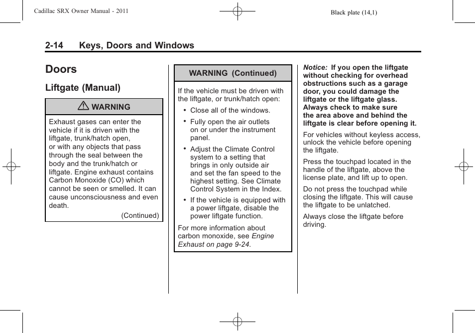 Doors, Liftgate (manual), Doors -14 | Information, Liftgate (manual) -14, 14 keys, doors and windows | Cadillac 2011 SRX User Manual | Page 48 / 498