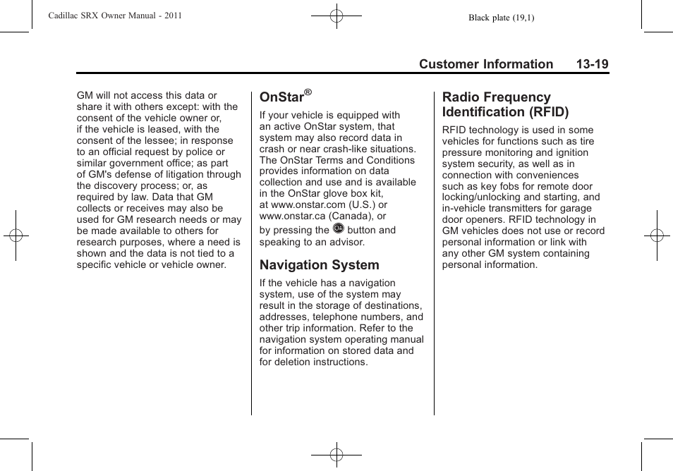 Onstar, Navigation system, Radio frequency identification (rfid) | System -19 radio frequency, Identification (rfid) -19 | Cadillac 2011 SRX User Manual | Page 483 / 498