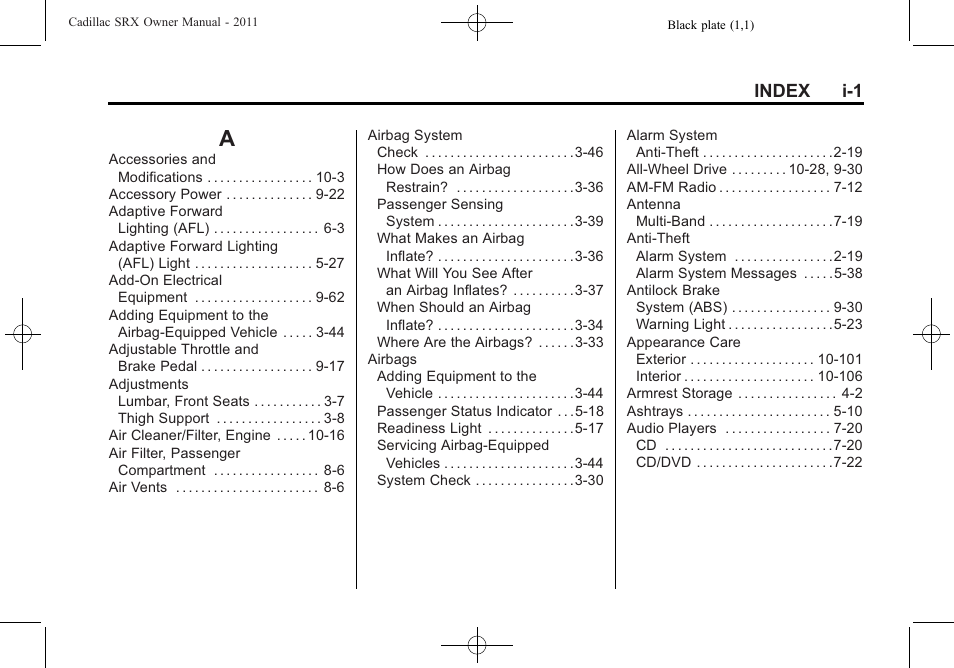 Index, Index_a, Index i-1 | Cadillac 2011 SRX User Manual | Page 485 / 498