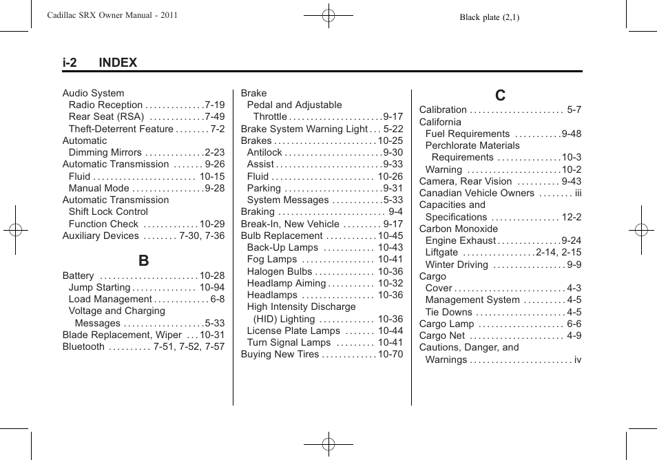 Index_b, Index_c, I-2 index | Cadillac 2011 SRX User Manual | Page 486 / 498