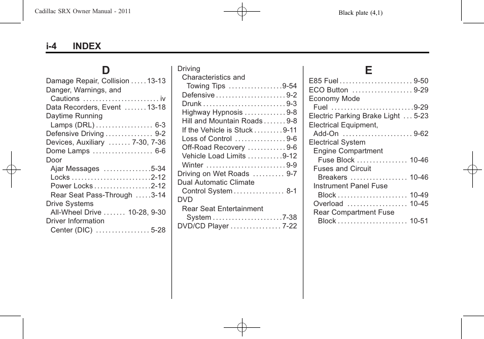 Index_d, Index_e, I-4 index | Cadillac 2011 SRX User Manual | Page 488 / 498