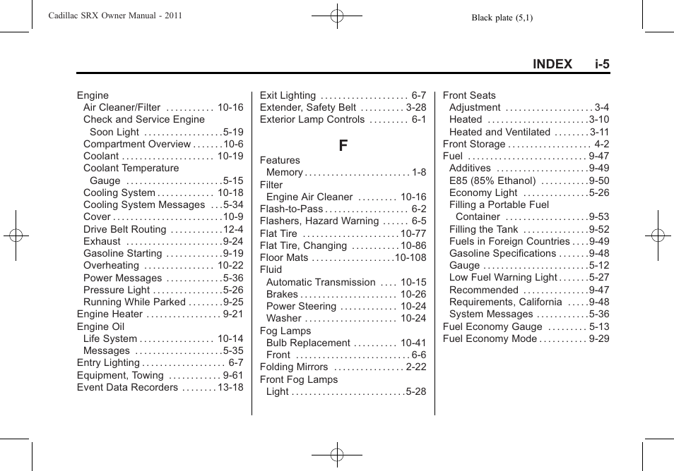 Index_f, Index i-5 | Cadillac 2011 SRX User Manual | Page 489 / 498