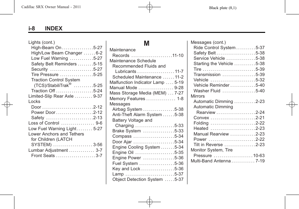Index_m, I-8 index | Cadillac 2011 SRX User Manual | Page 492 / 498