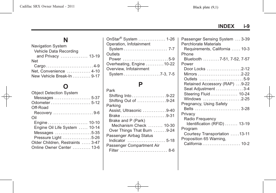 Index_n, Index_o, Index_p | Index i-9 | Cadillac 2011 SRX User Manual | Page 493 / 498