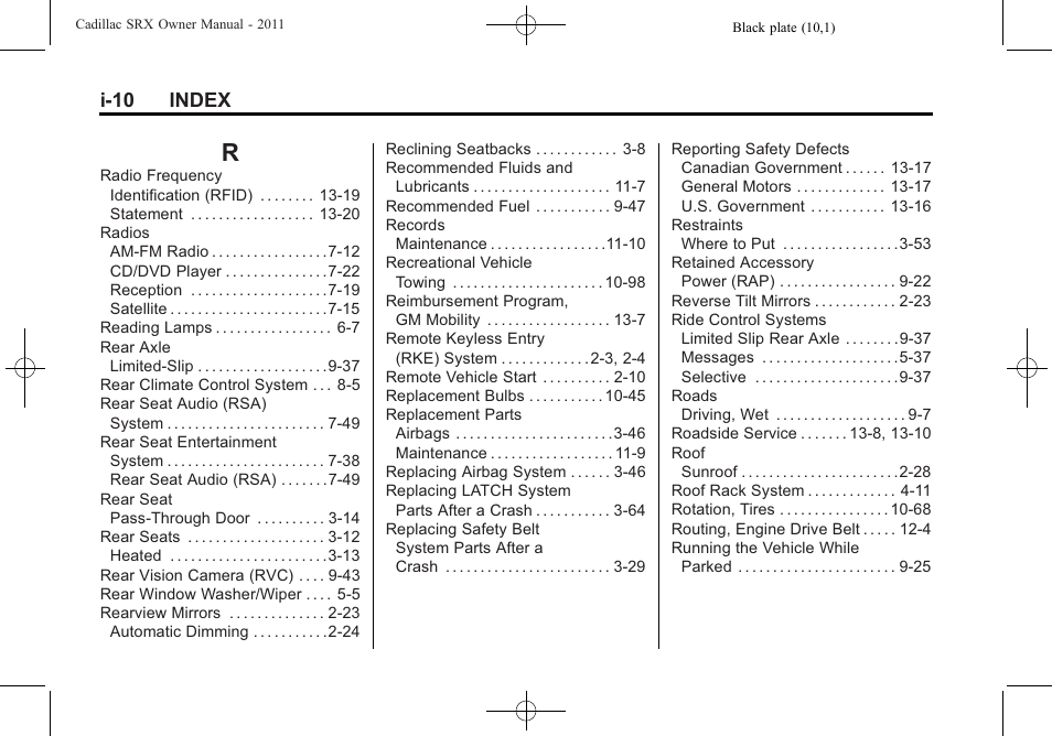 Index_r, I-10 index | Cadillac 2011 SRX User Manual | Page 494 / 498