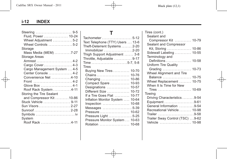 Index_t, I-12 index | Cadillac 2011 SRX User Manual | Page 496 / 498
