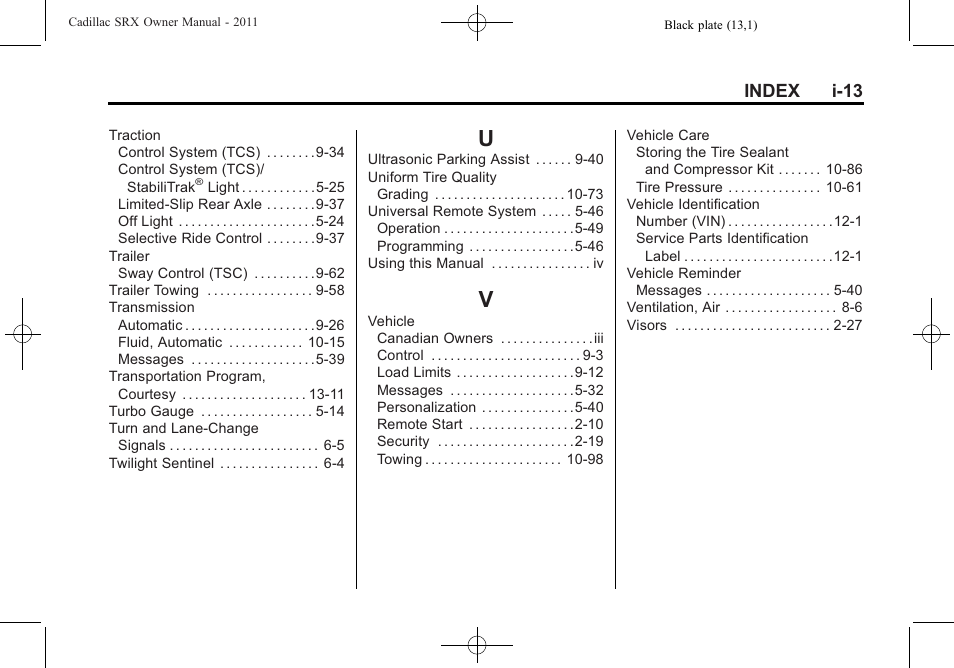 Index_u, Index_v, Index i-13 | Cadillac 2011 SRX User Manual | Page 497 / 498
