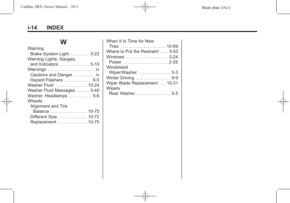 Index_w, I-14 index | Cadillac 2011 SRX User Manual | Page 498 / 498
