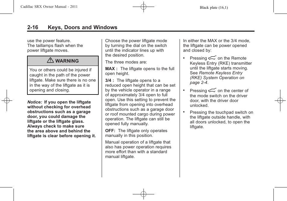 16 keys, doors and windows | Cadillac 2011 SRX User Manual | Page 50 / 498