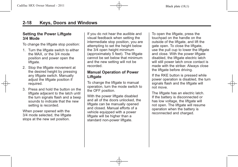 18 keys, doors and windows | Cadillac 2011 SRX User Manual | Page 52 / 498
