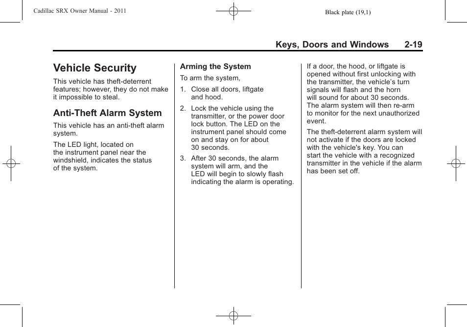 Vehicle security, Anti-theft alarm system, Vehicle security -19 | Vehicle messages, Vehicle security -19 anti-theft alarm system -19, Automatic | Cadillac 2011 SRX User Manual | Page 53 / 498