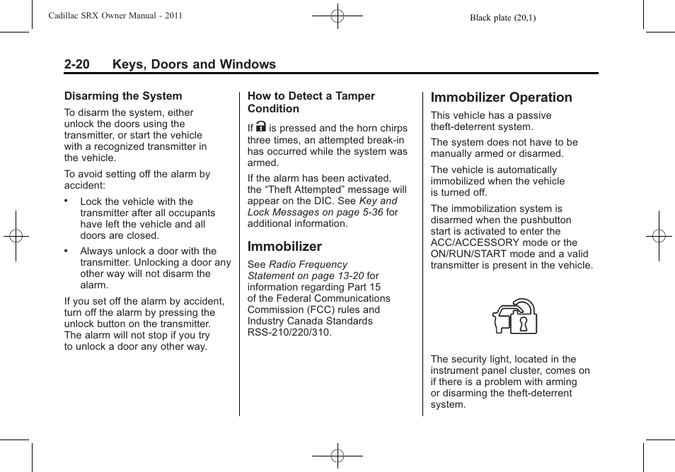 Immobilizer, Immobilizer operation, Immobilizer -20 immobilizer operation -20 | 20 keys, doors and windows | Cadillac 2011 SRX User Manual | Page 54 / 498