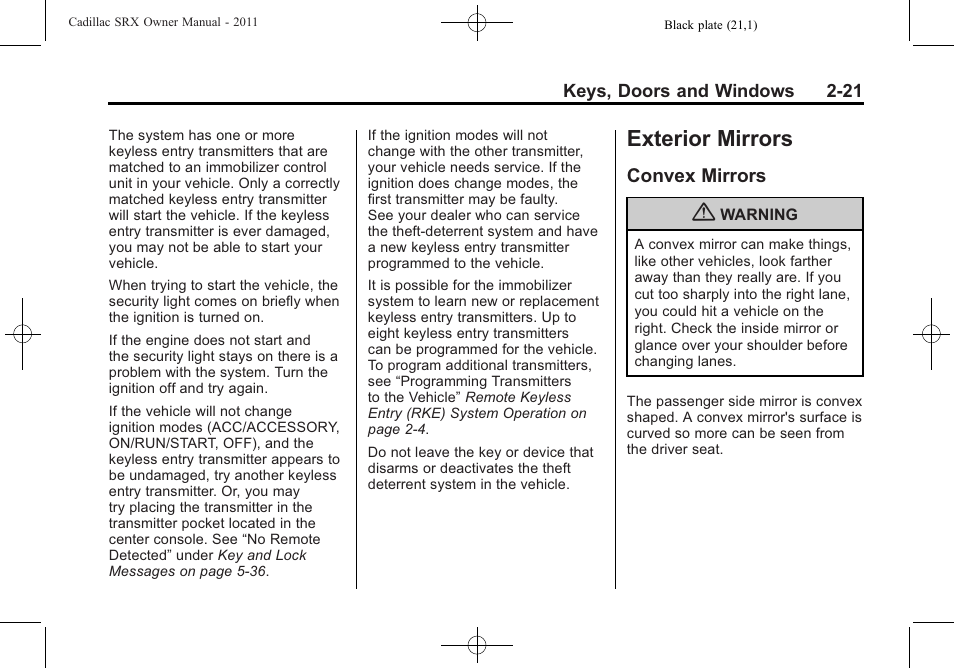 Exterior mirrors, Convex mirrors, Exterior mirrors -21 | Vehicle personalization, Convex mirrors -21 | Cadillac 2011 SRX User Manual | Page 55 / 498