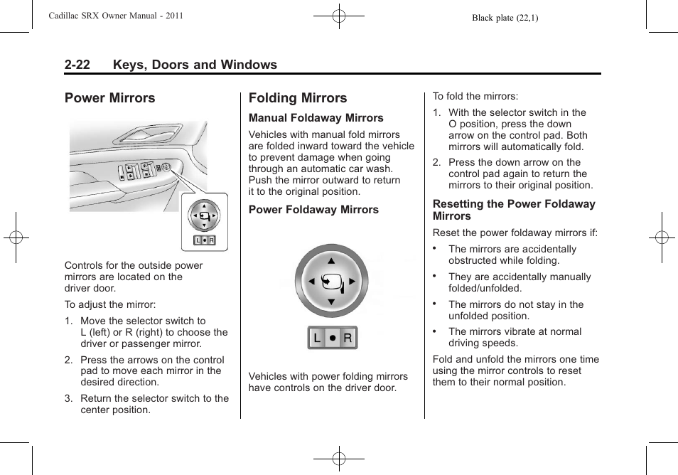 Power mirrors, Folding mirrors, Power mirrors -22 folding mirrors -22 | 22 keys, doors and windows | Cadillac 2011 SRX User Manual | Page 56 / 498
