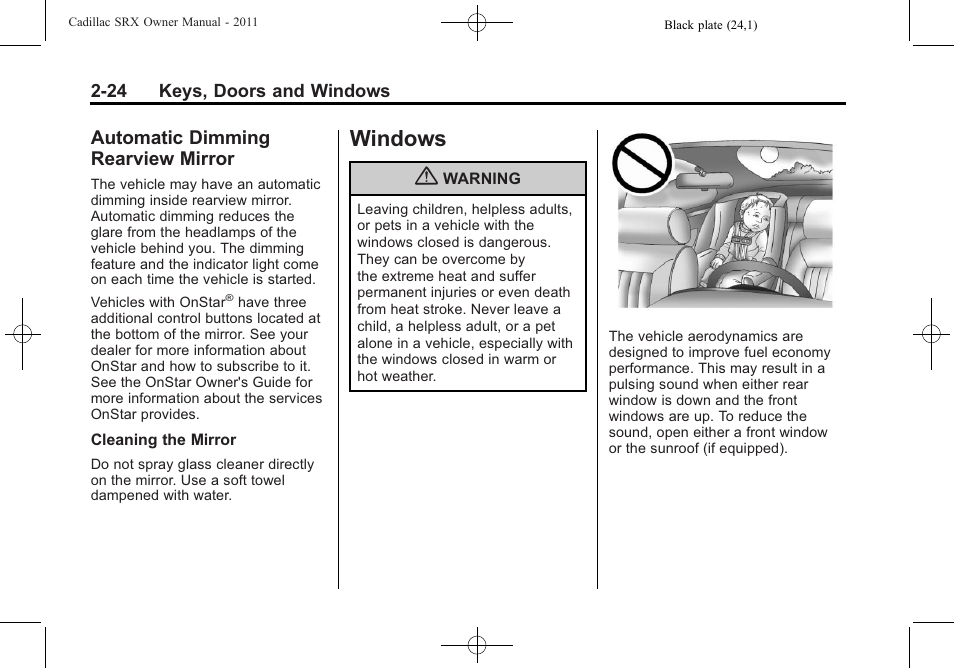 Automatic dimming rearview mirror, Windows, Windows -24 | Dimming rearview, Mirror -24 | Cadillac 2011 SRX User Manual | Page 58 / 498