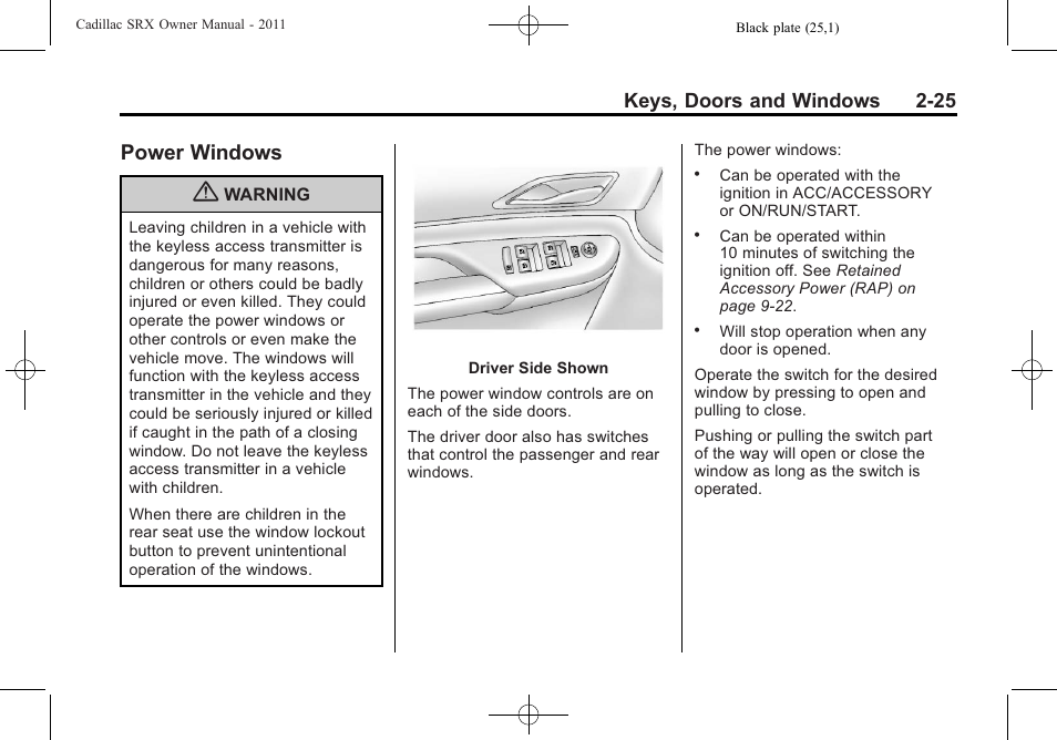 Power windows, Power windows -25, Keys, doors and windows 2-25 | Cadillac 2011 SRX User Manual | Page 59 / 498