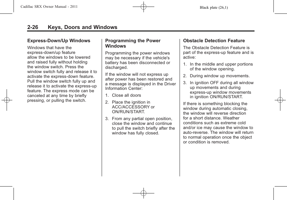 26 keys, doors and windows | Cadillac 2011 SRX User Manual | Page 60 / 498