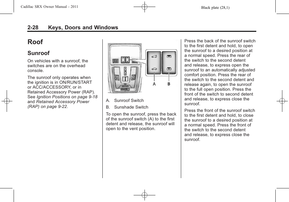 Roof, Sunroof, Roof -28 | Lighting, Sunroof -28 | Cadillac 2011 SRX User Manual | Page 62 / 498