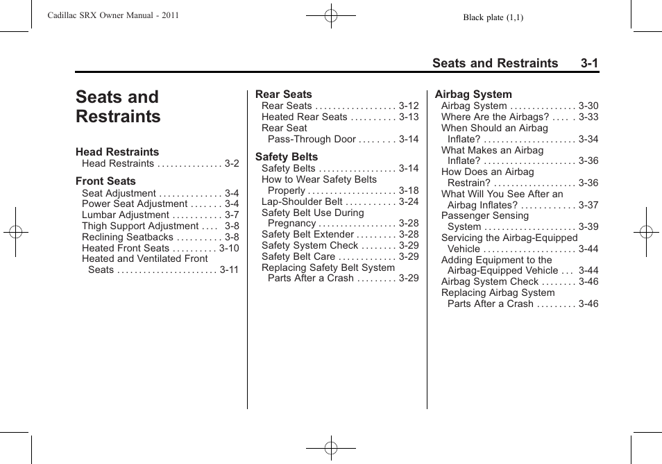 Seats and restraints, Seats and restraints -1, Seats and restraints 3-1 | Cadillac 2011 SRX User Manual | Page 65 / 498