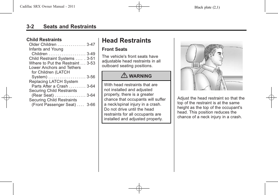 Head restraints, Head restraints -2, Lighting | Cadillac 2011 SRX User Manual | Page 66 / 498