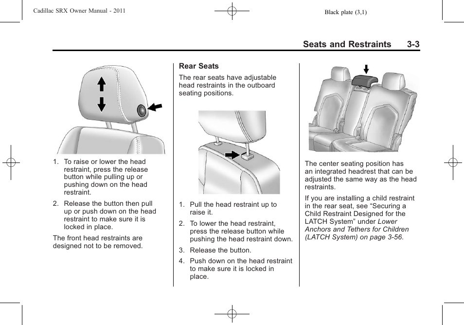 Seats and restraints 3-3 | Cadillac 2011 SRX User Manual | Page 67 / 498
