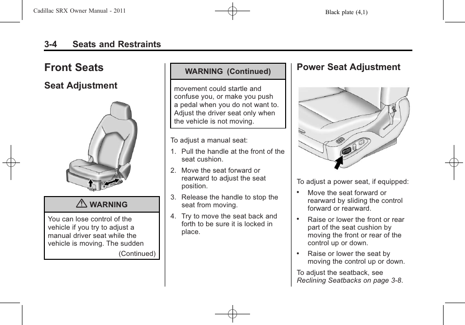 Front seats, Seat adjustment, Power seat adjustment | Front seats -4, Seat adjustment -4 power seat adjustment -4 | Cadillac 2011 SRX User Manual | Page 68 / 498