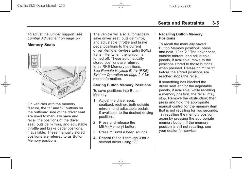 Seats and restraints 3-5 | Cadillac 2011 SRX User Manual | Page 69 / 498