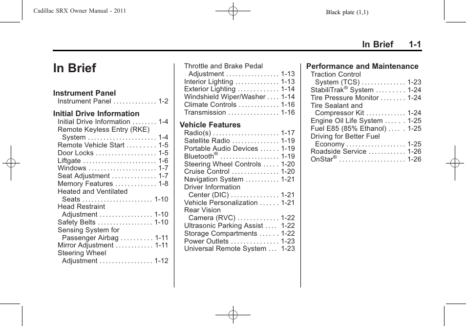 In brief, In brief -1 | Cadillac 2011 SRX User Manual | Page 7 / 498