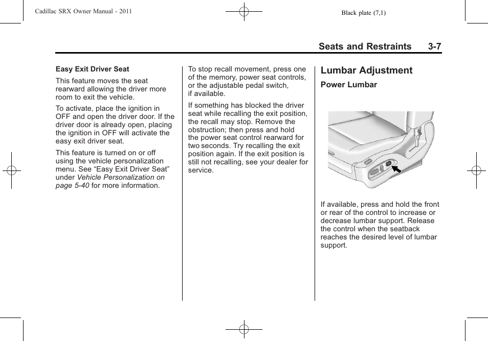 Lumbar adjustment, Lumbar adjustment -7 | Cadillac 2011 SRX User Manual | Page 71 / 498