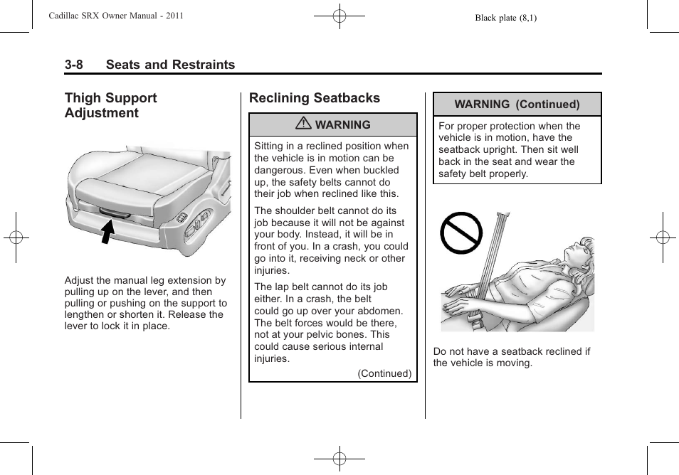 Thigh support adjustment, Reclining seatbacks, Thigh support adjustment -8 reclining seatbacks -8 | Safety | Cadillac 2011 SRX User Manual | Page 72 / 498