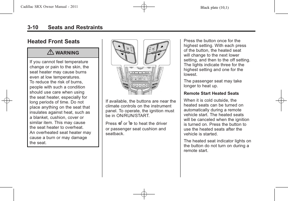 Heated front seats, Heated front seats on, Heated front seats -10 | Cadillac 2011 SRX User Manual | Page 74 / 498