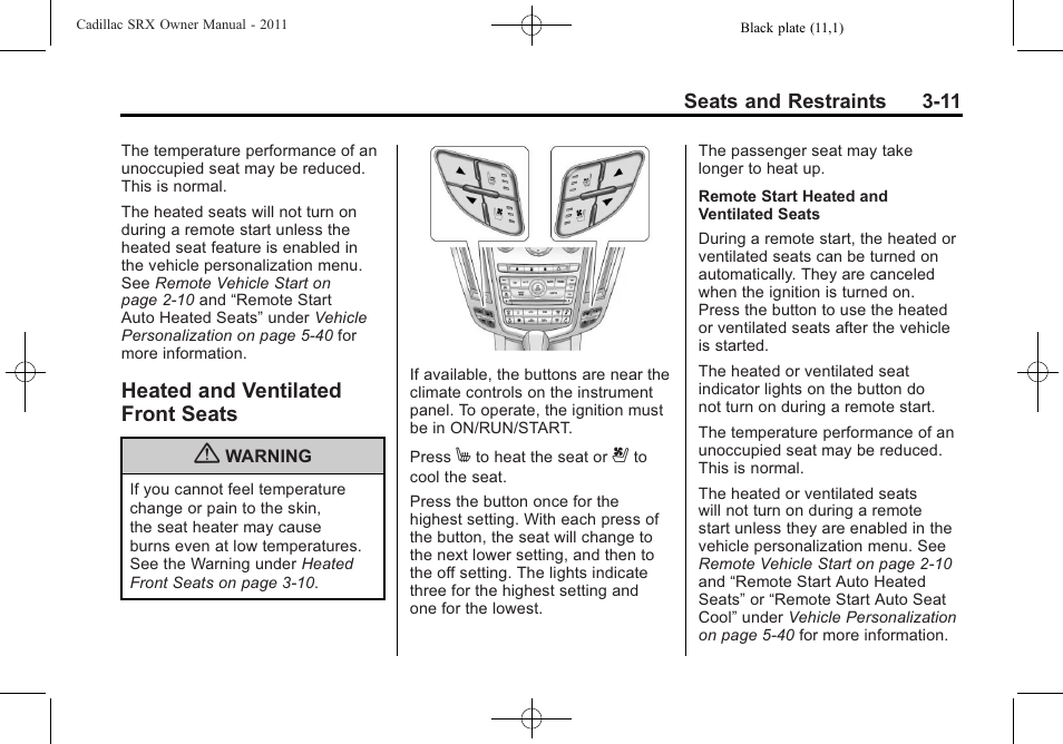 Heated and ventilated front seats, Heated and ventilated front, Seats -11 | Cadillac 2011 SRX User Manual | Page 75 / 498