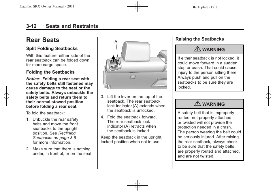 Rear seats, Rear seats -12, Airbag | Cadillac 2011 SRX User Manual | Page 76 / 498