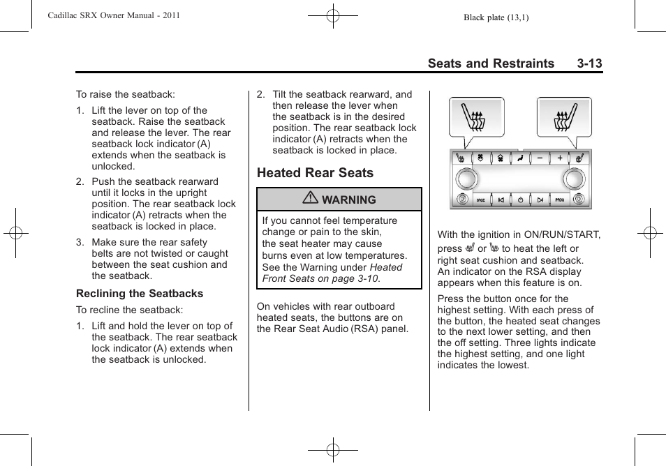 Heated rear seats, Heated rear seats -13 | Cadillac 2011 SRX User Manual | Page 77 / 498