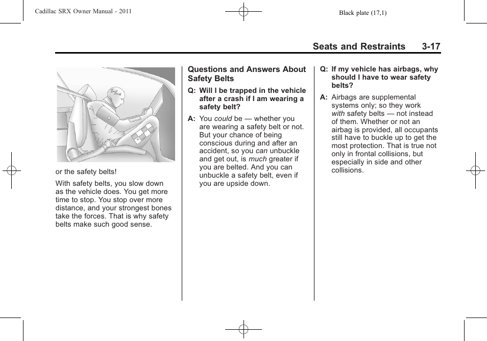 Seats and restraints 3-17 | Cadillac 2011 SRX User Manual | Page 81 / 498