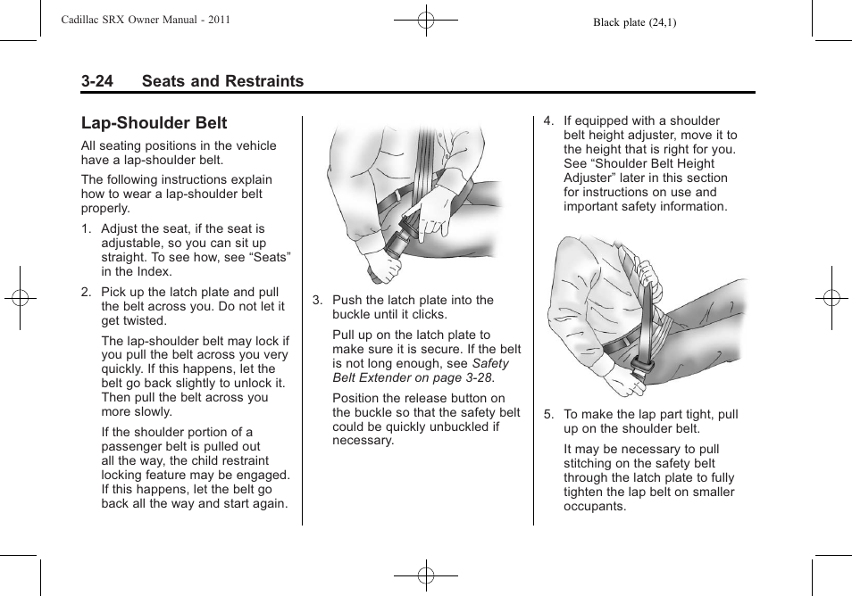 Lap-shoulder belt, Lap-shoulder belt -24, Airbag | 24 seats and restraints | Cadillac 2011 SRX User Manual | Page 88 / 498