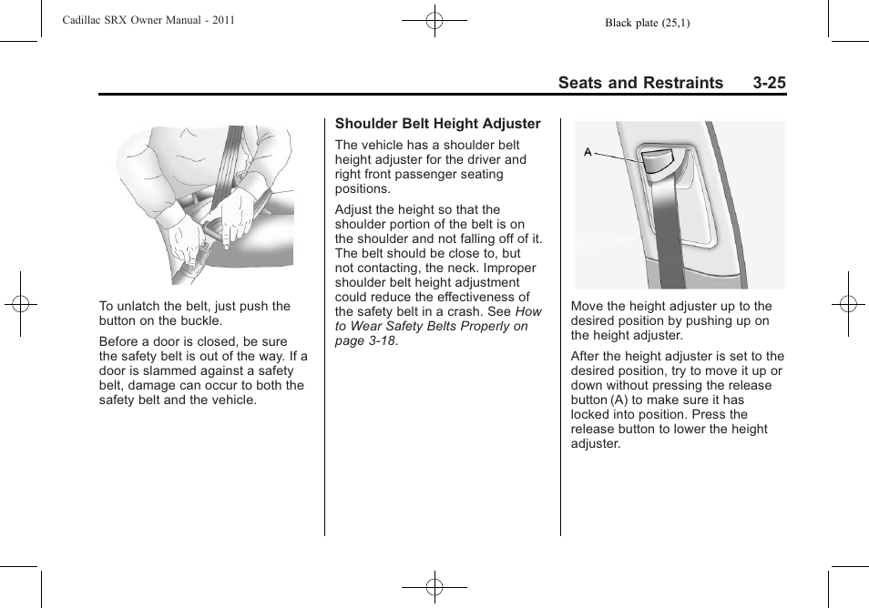 Seats and restraints 3-25 | Cadillac 2011 SRX User Manual | Page 89 / 498