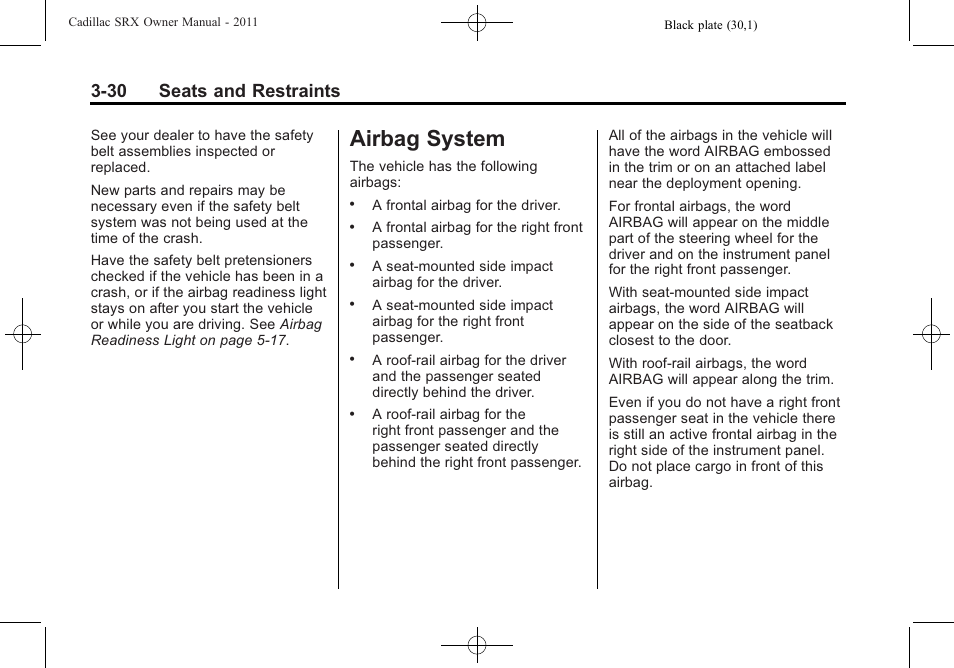 Airbag system, Airbag system -30, System -30 | 30 seats and restraints | Cadillac 2011 SRX User Manual | Page 94 / 498