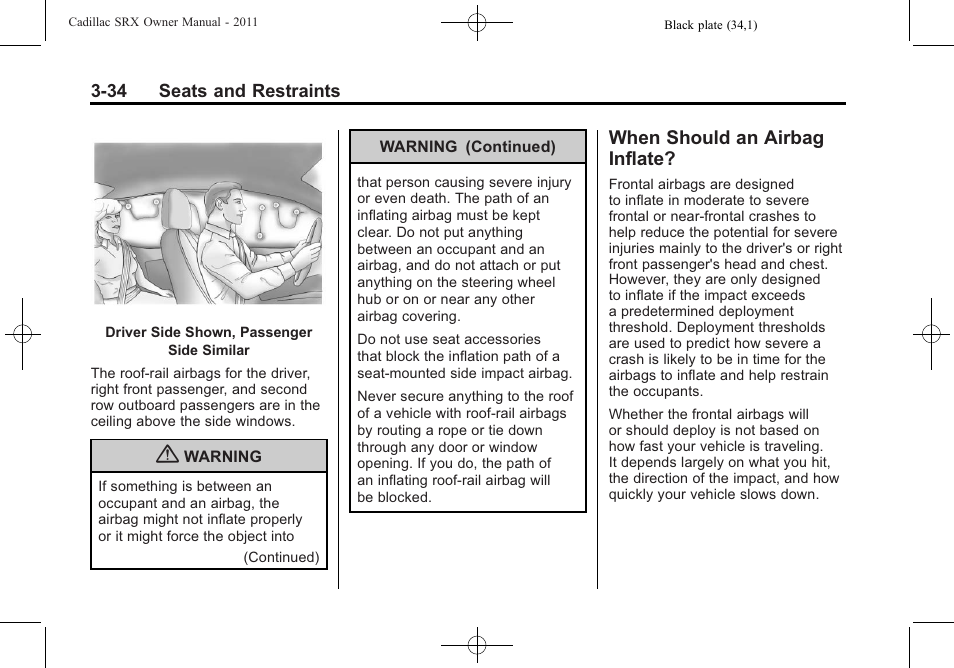 When should an airbag inflate, When should an airbag, Inflate? -34 | Cadillac 2011 SRX User Manual | Page 98 / 498
