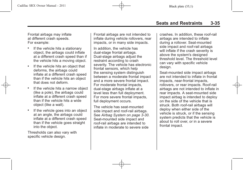 Seats and restraints 3-35 | Cadillac 2011 SRX User Manual | Page 99 / 498