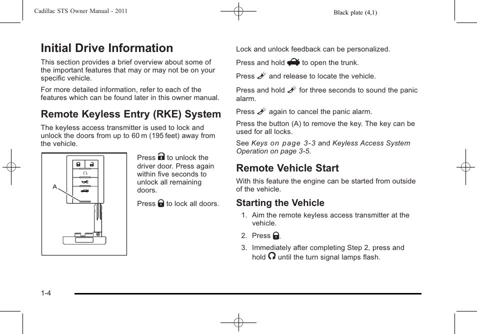 Initial drive information, Remote keyless entry (rke) system, Remote vehicle start | Initial drive information -4, Vehicle personalization -59, Starting the vehicle | Cadillac 2011 STS User Manual | Page 10 / 528