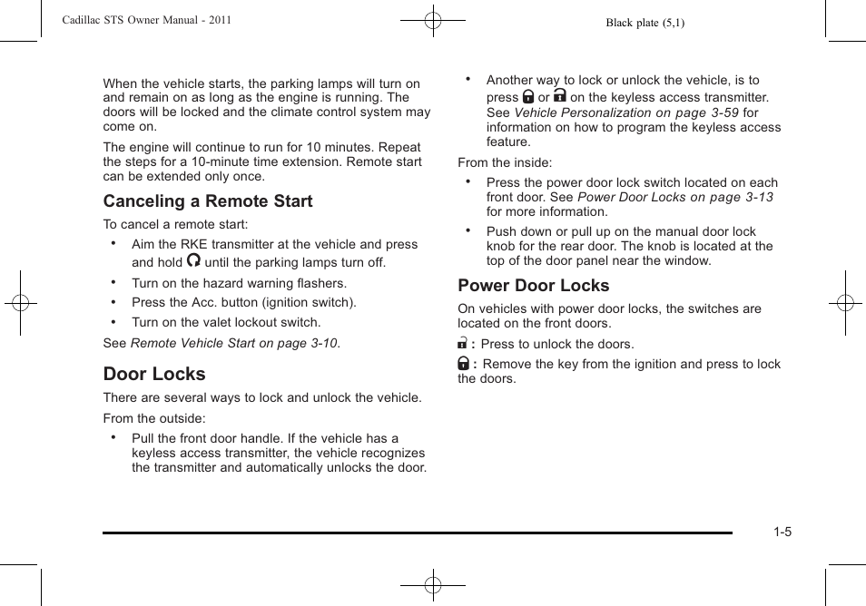 Door locks, Door locks -5, Canceling a remote start | Power door locks | Cadillac 2011 STS User Manual | Page 11 / 528