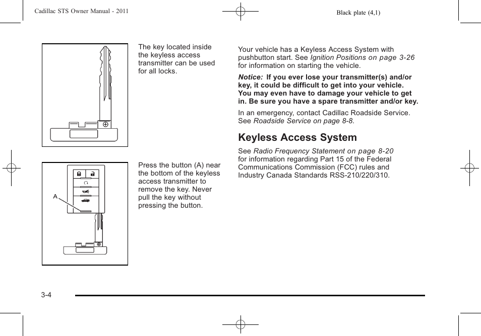 Keyless access system, Keyless access system -4 | Cadillac 2011 STS User Manual | Page 110 / 528