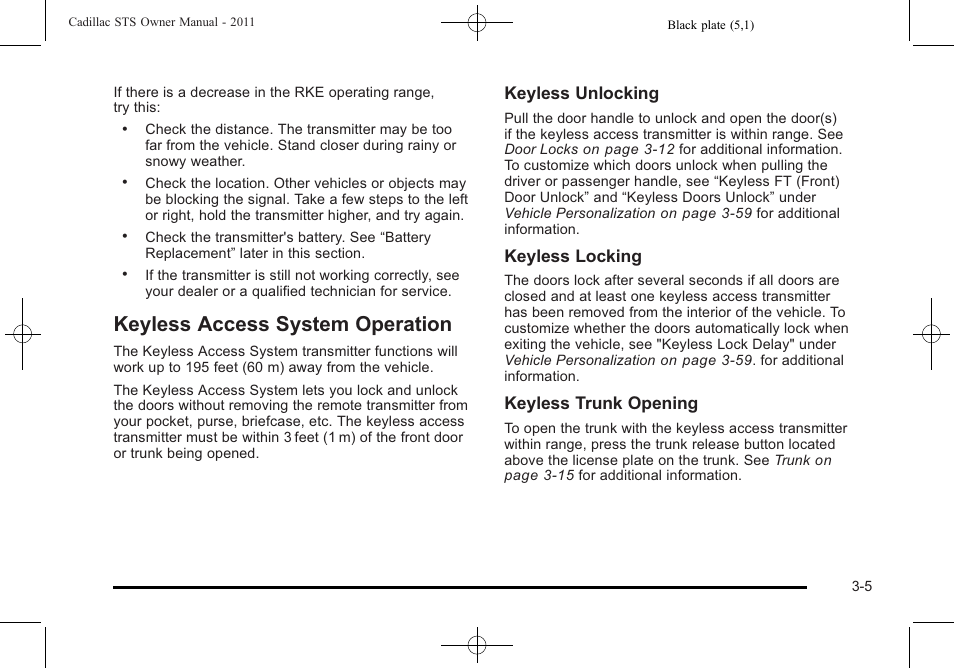 Keyless access system operation, Keyless access system operation -5, Ignition | Cadillac 2011 STS User Manual | Page 111 / 528