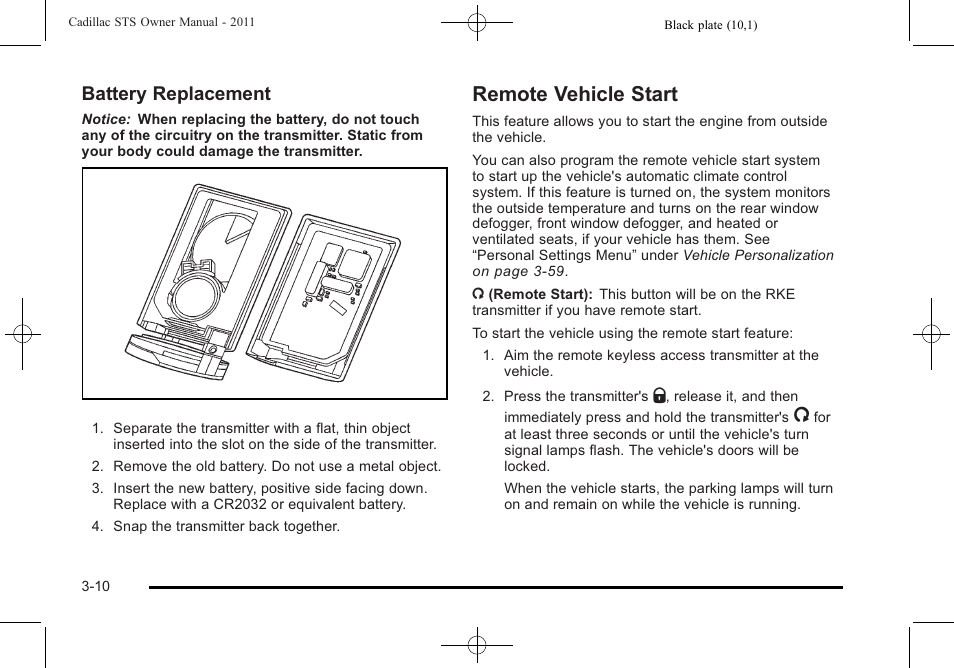 Remote vehicle start, Remote vehicle start -10, Battery replacement | Cadillac 2011 STS User Manual | Page 116 / 528