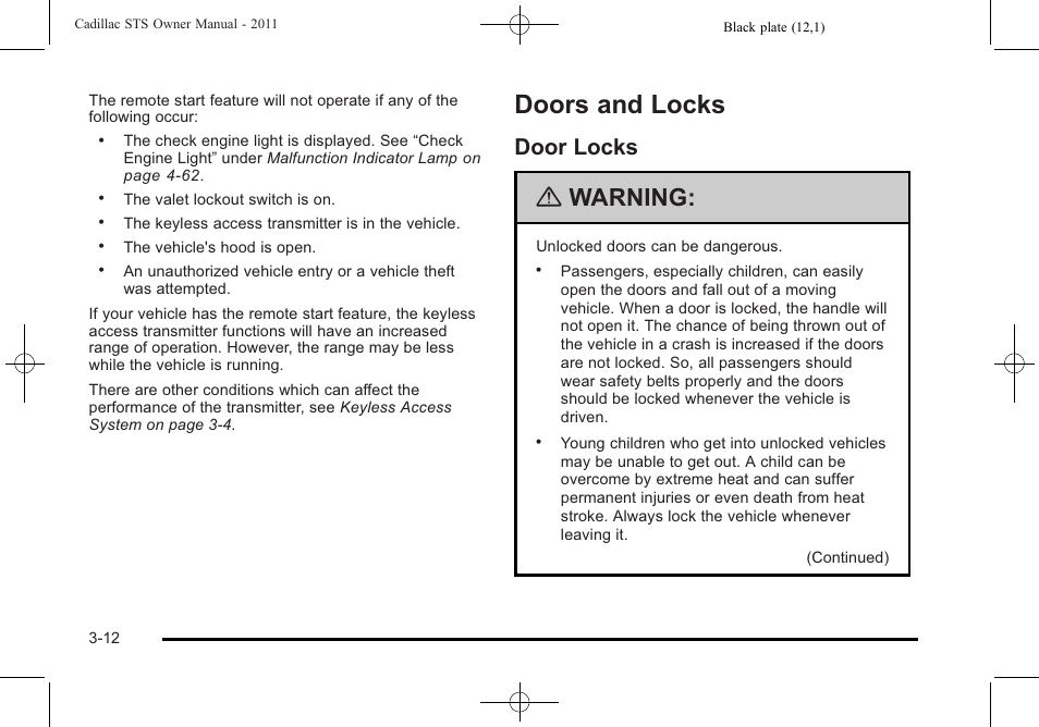 Doors and locks, Door locks, Doors and locks -12 | Door locks -12, Warning | Cadillac 2011 STS User Manual | Page 118 / 528